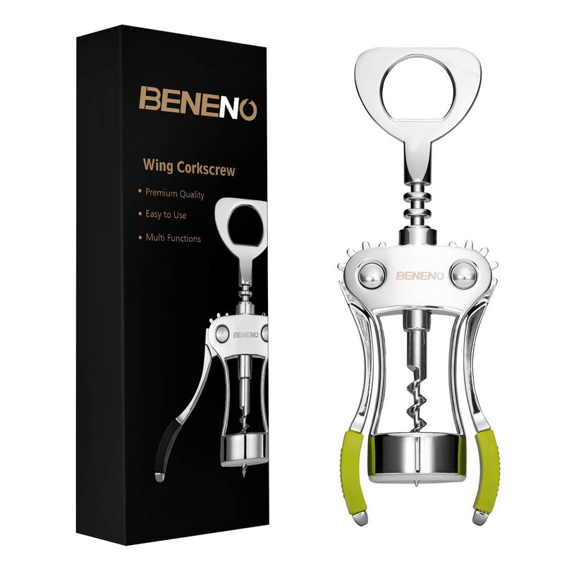 Beneno فتاحة نبيذ بنينو، فتاحة زجاجات متعددة الوظائف من سبيكة الزنك، فتاحة سدادة نبيذ حادة مع مقبض جناح مريح غير قابل للانزلاق، أخضر - Image 1